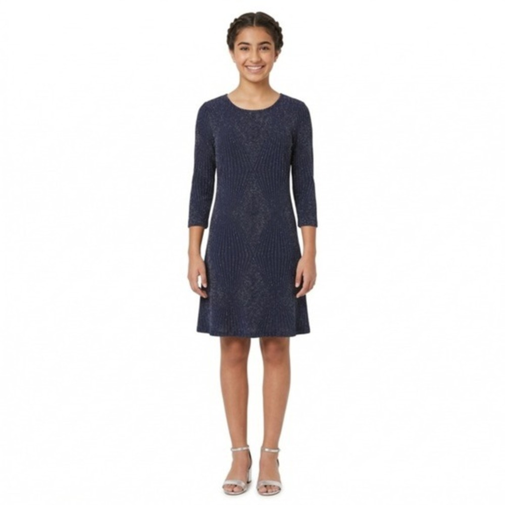 Trixxi‎ Juniors Navy Blue Metallic Shimmer Ribbed 3/4 Sleeve A-Line Dress Large